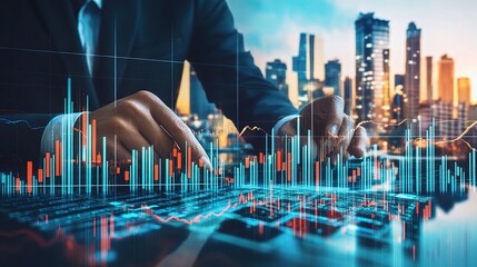 Poster - Futuristic Double Exposure of Businessman Analyzing Data in Cityscape