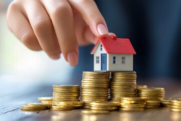Wall Mural - a conceptual finance image showing a woman's hand placing a tiny house model onto a pile of stacked 