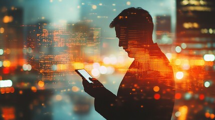 Poster - Double Exposure of Businessman Using Smartphone in City Background