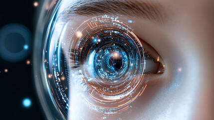 Poster - Futuristic eye technology cybernetic vision digital art sci-fi environment close-up view conceptual innovation