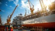 © ЮРИЙ ПОЗДНИКОВ - Shipbuilders working on large ship with cranes in dry dock at sunset