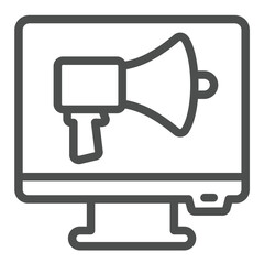 Fototapete - Monitor screen with loudspeaker line icon, online promotion concept. Vector graphics. Display with megaphone, promotional sign on white background, outline style icon for mobile or web design.