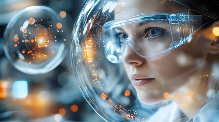 Poster - Innovative scientist analyzing data in high-tech lab urban environment portrait futuristic concept