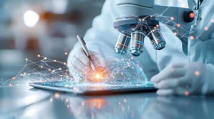 Poster - Innovative laboratory research high-tech lab digital science experiment modern environment close-up view data visualization