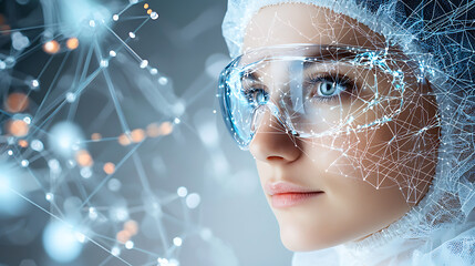 Poster - Innovative scientist analyzing data in a futuristic lab close-up digital technology modern environment focused perspective