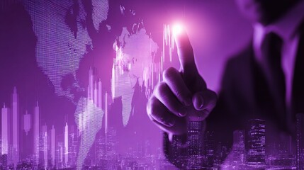 Poster - Businessman Pointing at Glowing Globe with Modern City Background