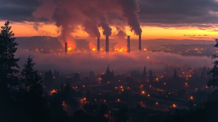 Aufkleber - Smoke rises from powerplant stacks as the sun sets, casting a warm glow over the surrounding urban area, revealing a complex interplay of energy production and city life.