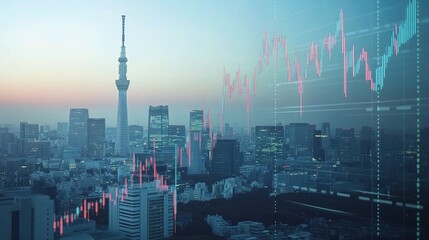 Poster - Dynamic Forex Chart Overlay on Tokyo Cityscape at Dusk