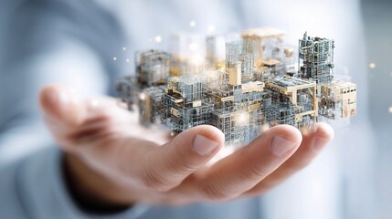 Poster - Futuristic Industrial City Concept in Businessman's Hand
