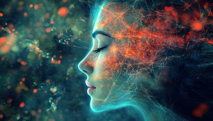 Poster - Surreal depiction of consciousness through a portrait illuminated with digital networks