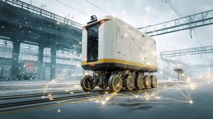 Poster - Autonomous Cargo Robot with Futuristic Design in Industrial Setting