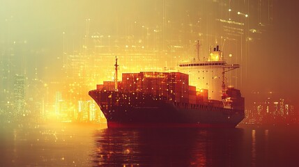 Poster - Double Exposure of Cargo Ship on Abstract Financial Background