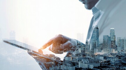 Poster - Double Exposure of Financial Trader Reviewing Data on Digital Tablet