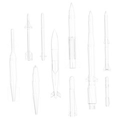 Poster - A series of rockets are shown in various sizes and positions. Concept of motion and power, as the rockets appear to be in motion or about to launch. Scene is one of excitement and anticipation