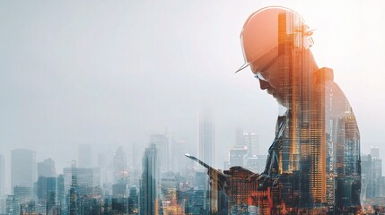 Poster - Double Exposure of Engineer with City Skyline in Background