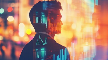 Poster - Double Exposure of Businessman with Economic Graphs and Data Visuals