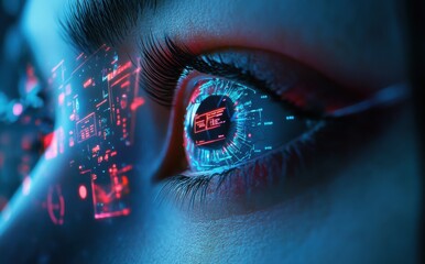 Fototapete - Close-up of digital eye with futuristic data holograms and technology interface