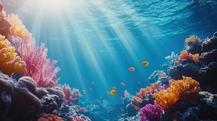 Poster - A magical underwater summer background with colorful coral reefs, tropical fish, and sunlight rays.