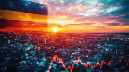 Poster - Abstract Financial Hologram with Virtual Graph Overlay at Sunset