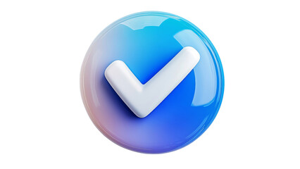 Png of A glossy blue gradient button featuring a white check mark symbol, representing approval or completion on transparent background.