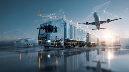 Poster - Modern 3D Model of Logistics Infrastructure with Truck and Plane