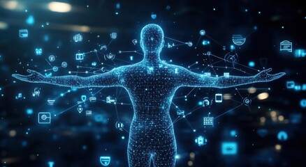Fototapete - Digital human hologram visualizing technology and data integration in cyberspace