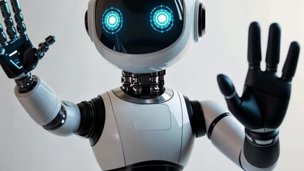 Poster - Cute robot helper with artificial intelligence waves hello in a modern indoor setting, Cute robot helper with artificial intelligence raising hand