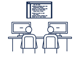 Team of programmers collaborating on software development, coding together at a modern workspace with lines of code displayed on a monitor