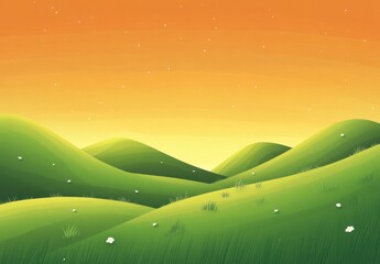 Poster - A flat vector background of rolling hills, with grass and small flowers in the foreground, under an orange sky. This design would be suitable as a digital backdrop or wallpaper.