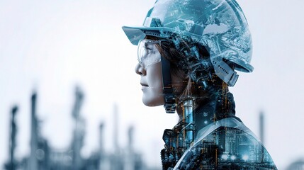 Poster - Double exposure image of electrical engineer in futuristic setting