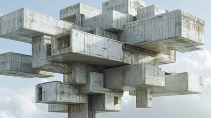 Poster - mesmerizing construction scene where abstract concrete blocks hover and assemble into an avant-garde structure