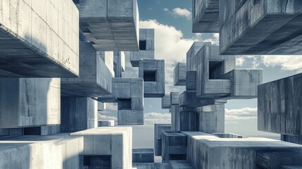 Poster - mesmerizing construction scene where abstract concrete blocks hover and assemble into an avant-garde structure