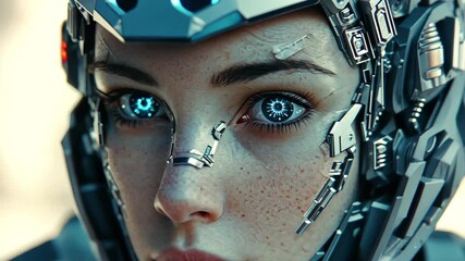Poster - cinematic close up of female cyborg with glowing blue eyes in a futuristic setting, female cyborg po