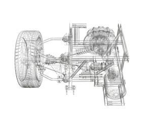 Poster - A drawing of a car with a tire and a wheel. The drawing is in black and white and is very detailed