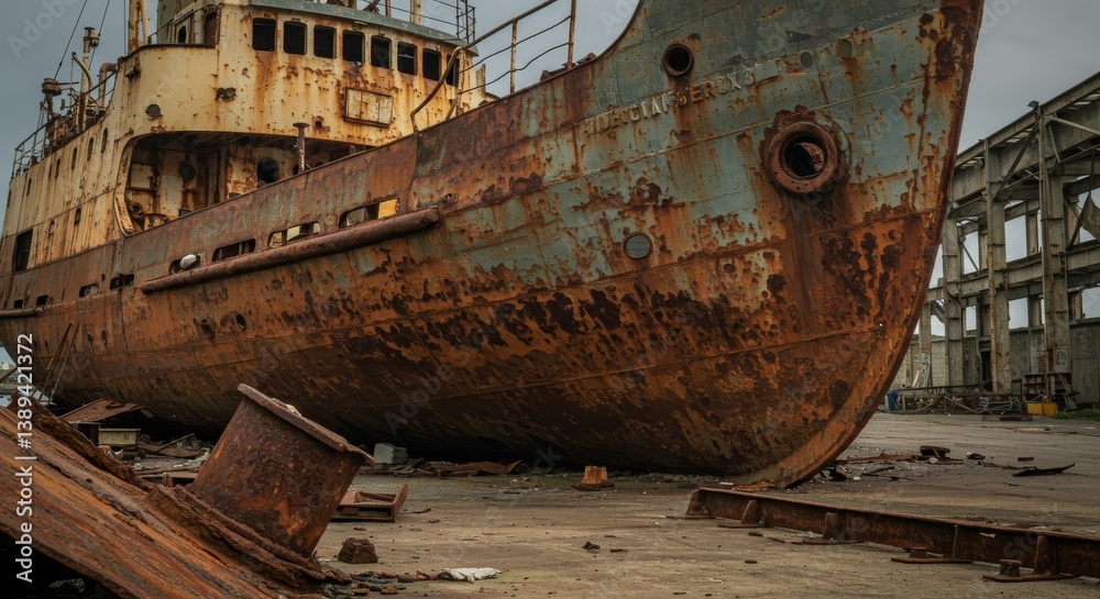 Shipyard's Silent Sentinel: A Decaying Vessel - A rust-covered ...