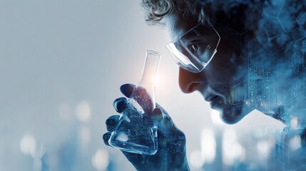 Poster - Scientist in Double Exposure Holding Flask with Abstract Background