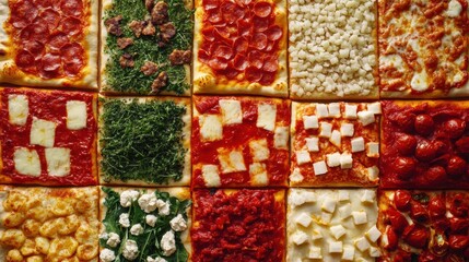 Poster - Colorful arrangement of various pizzas in a vibrant chessboard pattern showcasing diverse toppings and sauces