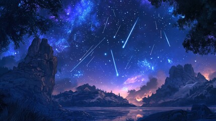 Wall Mural - a meteor shower lighting up the night sky, with shooting stars streaking across the horizon.