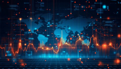 Poster - Global Stock Market Analysis Blue and Orange Candlesticks on a World Map with Flowing Lines