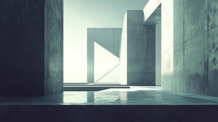 Poster - A minimalist abstract construction scene featuring a vast, empty space with only a single geometric structure being assembled