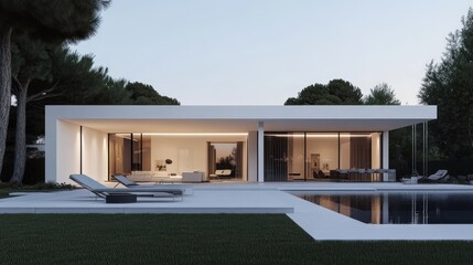 Poster - A minimalist house with a white exterior, large open spaces, and elegant modern decor.