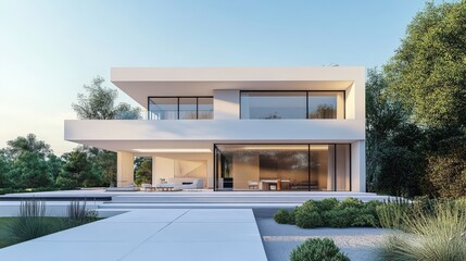Poster - A minimalist house with a white exterior, large open spaces, and elegant modern decor.
