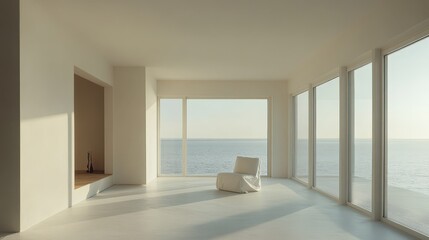 Poster - minimalist living room with a white color palette, a single armchair, and large open windows.