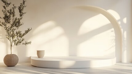 Poster - A minimalist podium with a white curved design, placed in an art gallery