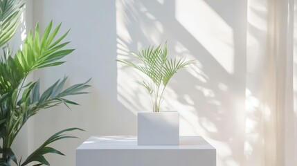 Poster - A minimalistic white podium in a bright studio with a clean and professional background.