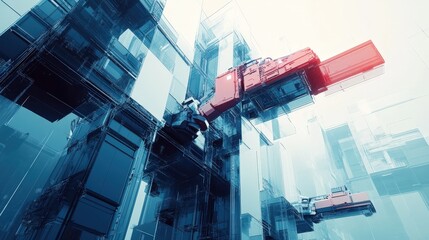 Poster - A modern abstract construction process with robotic arms placing translucent panels onto a futuristic skyscraper.