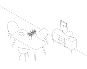 Poster - A room with a table and chairs, and a television stand. The table is set with a plate and a vase of flowers. Isometric view