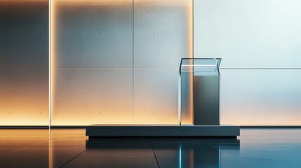 Poster - A modern glass podium with a sleek metal frame, standing in a conference hall
