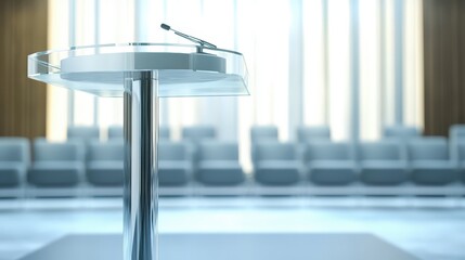 Poster - A modern glass podium with a sleek metal frame, standing in a conference hall