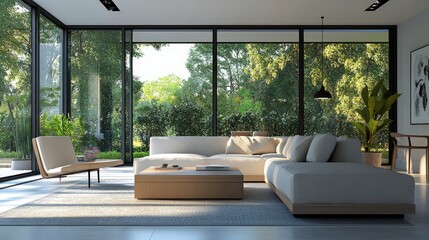 Poster - A modern interior design featuring large windows allowing natural daylight to flood the room